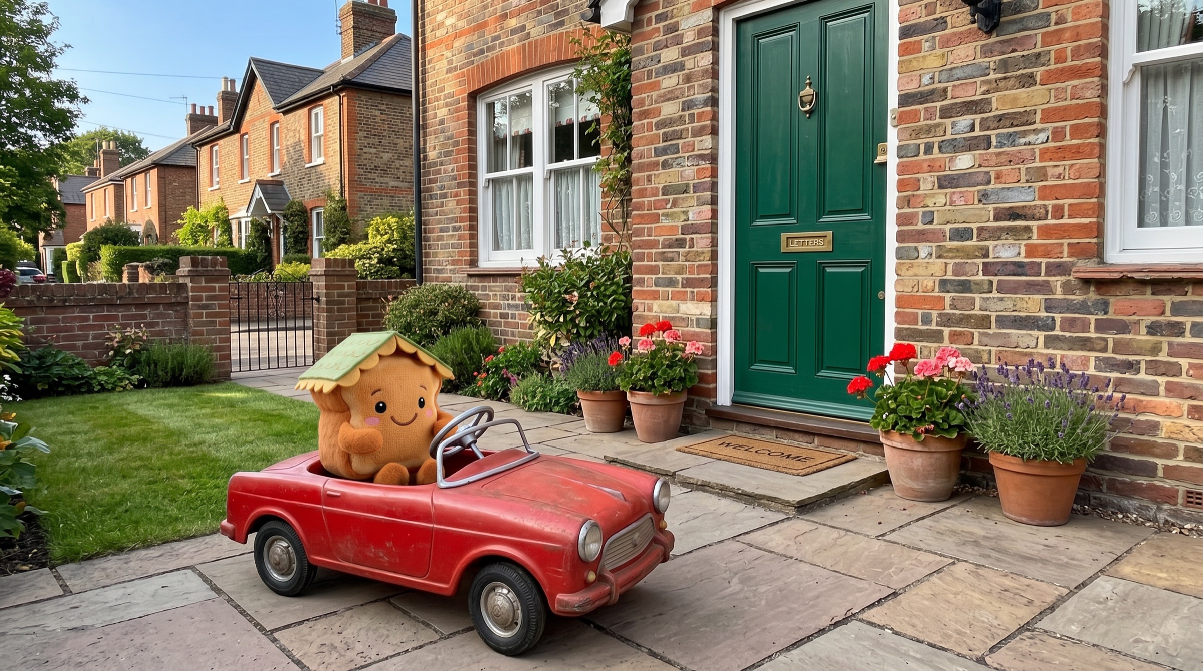 Toastie mascot sitting in a small red car outside a home